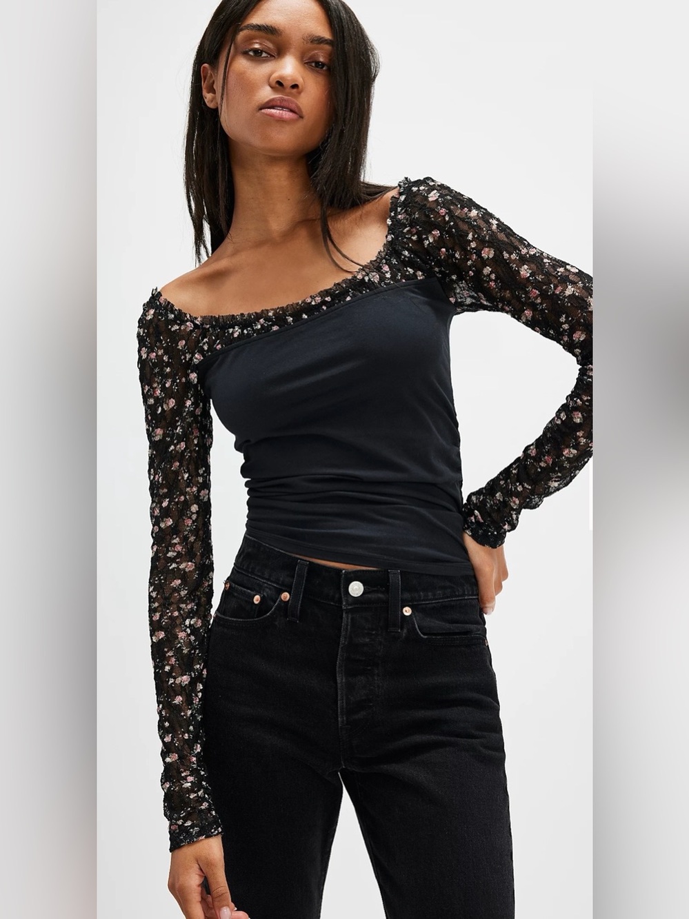 NWT Free People Black Combo Off-The-Shoulder Floral Lace Sleeve Top Size L